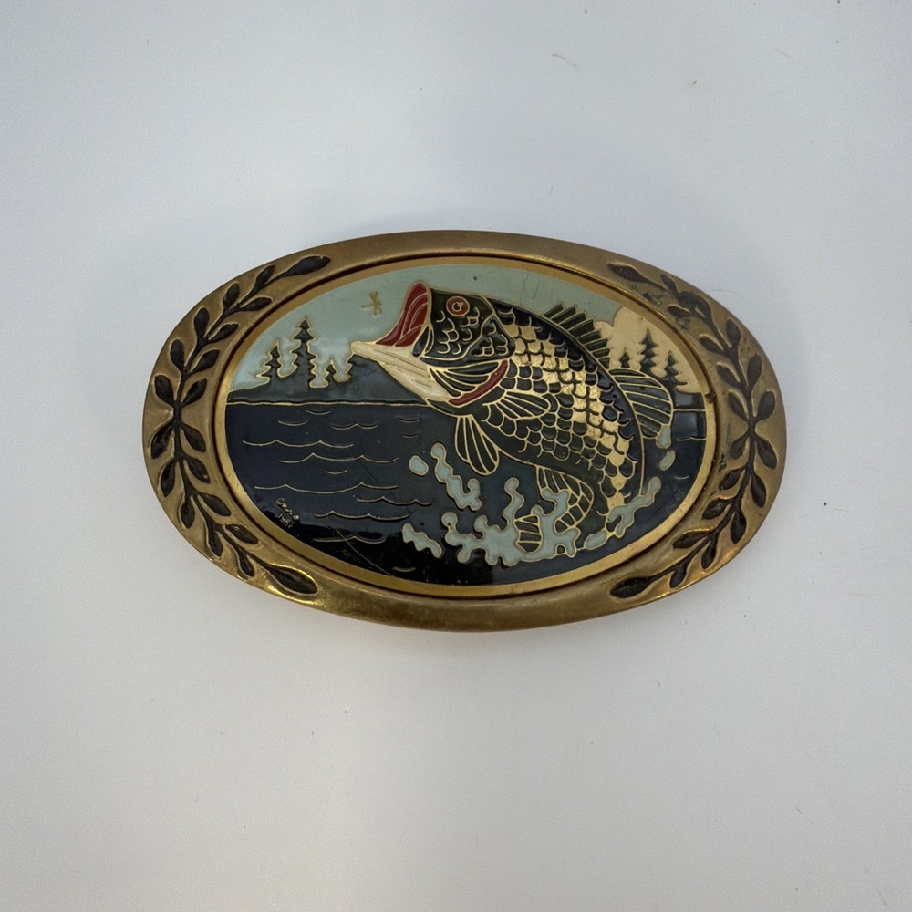 Heritage Buckles Solid Brass Enamel Ornate Belt Buckle - Large Mouth Bass Fish